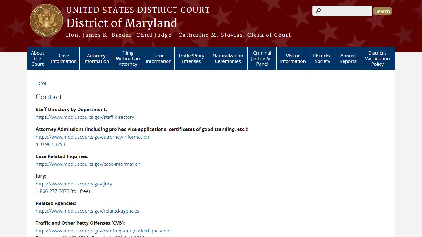 Contact | District of Maryland | United States District Court